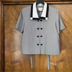 VTG Miss Dorby Size 14 Black White Blouse Short Sleeve Buttons Shoulder Pads 80s